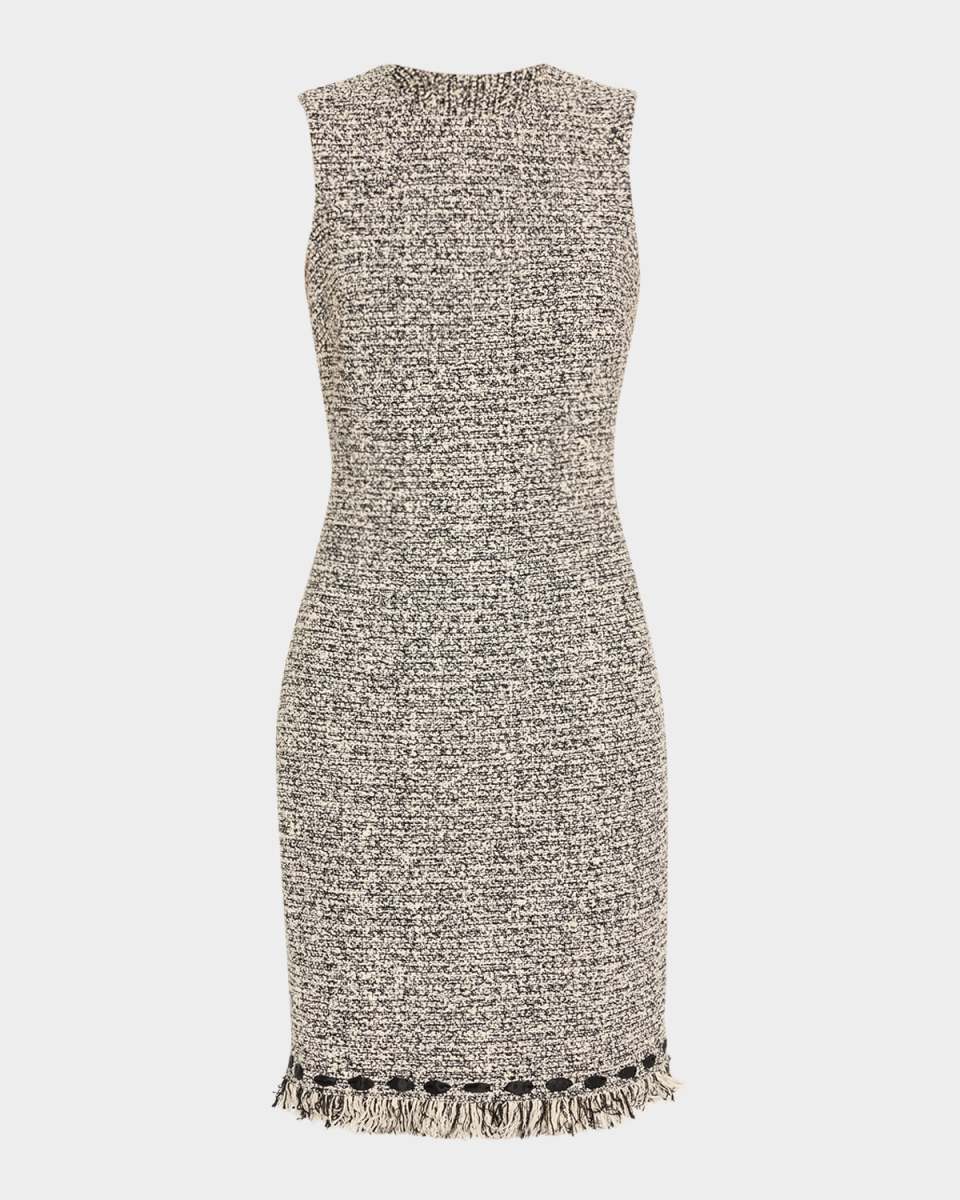 Ribbon-Trim Fringed Tweed Dress